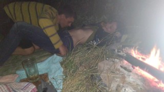 Licked the sweet pussy of his girlfriend by the fire