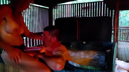 Hard Passionate Strapon Pegging, Fucking and Deep Throat Cock Sucking in hot tub!