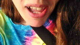 PinkMoonLust from ONLYFANS is Hippie Slut in Passenger Seat of Car Showing HAIRY Pussy in Public