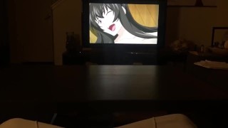 Huge double cumshot handjob ruined twice while watching hentai