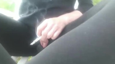 Smoking cigarette in black pantyhose outside make hole for my clit and turn off cigaret by my Pee
