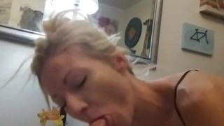 Blonde girlfriend deep throats my cock and finished with balls deep in her throat