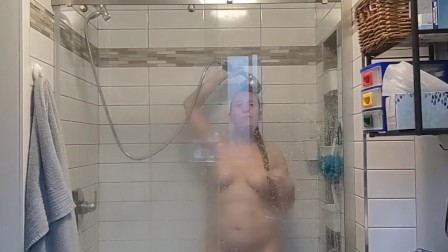 SPY  - Curvy Blonde teen plays with pussy and takes sexy shower