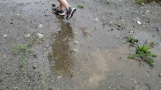 Nerdy School Girl Plays In The Rainy Day Piss Puddles