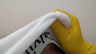 Rubber glove wank and cum