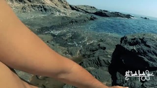 Naked adventures! Underwater sex games on a public beach ends in ruined orgasm.