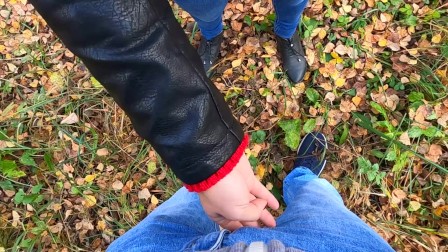 Caught while Finish me Off! Risky Public Handjob by Cute teen in Forest