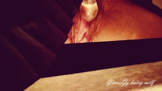 MILF was trying on panties and found a glass dildo and masturbate hairy pussy GinnaGg