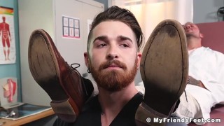 Hot doctor hunk jerking off during feet licking worship