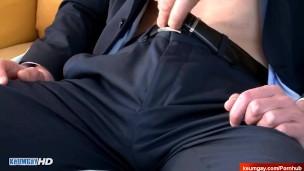 In suits straight male gets wanked his big dick despite of him.