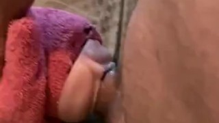 Glistening Cock Slides Into Fleshlight. Creamy Cum Shot on Pussy Lips