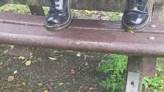 Girl Pissing outside on bench