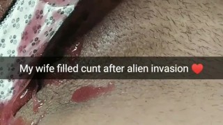 My wife lies with a pussy full of alien cum after breeding~ Hubby watch this