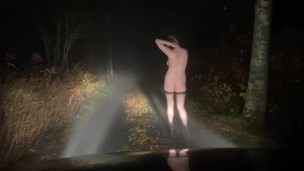 Taking a walk with my slut in the woods!! She walks next to the car!!!!