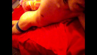 Twink in underwear turns his dick to the right and shows the hump cum on bed