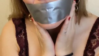 Button Applies Duct Tape to Her Mouth to Perform a Handjob and Then Slurp Up the Cum