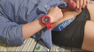 RED WATCH GUY BIG COCK INSIDE BLACK CALVIN KLEIN GLOSSY BOXERS DADDY IS JERKING OFF
