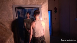 Behind the Scenes video, two military German young studs have bareback sex in a bunker