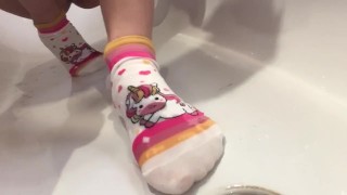 pussy with hair like fluff, pissing on wonderful socks with unicorns