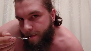 Eating mash potatoes from my ass and drinking my piss and cum