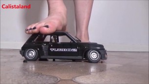 The miniature collector car Renault 5 Turbo is destroyed by a cruel french woman