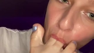 Drool feet worship. Toes licking. Gagging