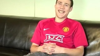 Handsome young Brit masturbates and cums after an interview
