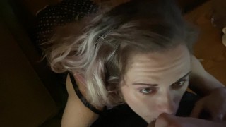 POV Petite Blonde stepmommy throats stepsons Big Cock while stepdaddy isn't Home