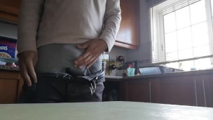 Jerking off session in the kitchen and shooting my cum over the kitchen table