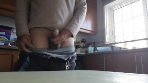 Jerking off session in the kitchen and shooting my cum over the kitchen table
