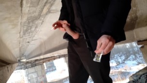 Dick Russian straight masturbates and pisses on a condom under the bridge