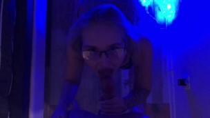 Sucks cock, gets fucked from behind and gets cum in her mouth