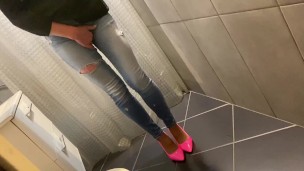 Desperate Pee in my Jeans next he Pee on Me and on end give him blowjob with Cum on me