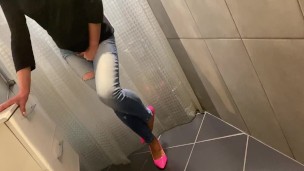 Desperate Pee in my Jeans next he Pee on Me and on end give him blowjob with Cum on me