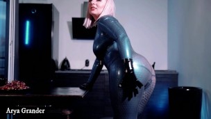 Hot Blonde With Curvy Body Wearing Latex Rubber Catsuit at Home and Teasing You