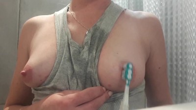 Nipples playing by toothbrush and Spitting on Tits and Rub my Clit by ToothBrush