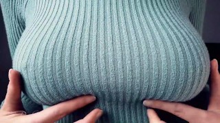 Big Tits, Playing, Teasing, in a Tight, Knitted Sweater
