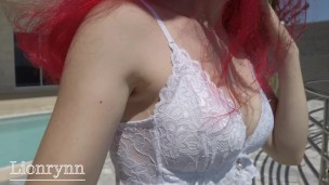 Hot redhead walking at villa and showing boobs. Masturbation. Squirt