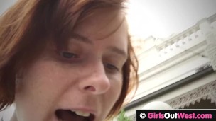 Girls Out West - Cute hairy lesbian redheads fuck in the backyard.
