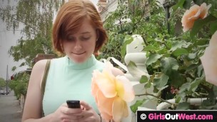 Girls Out West - Cute hairy lesbian redheads fuck in the backyard.