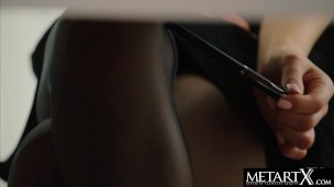 Cute sexy office girl in ebony stockings masturbates at her desk