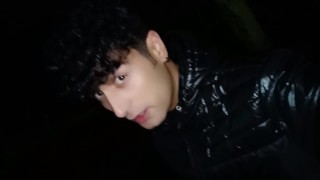 Outdoor jerking and cumshot with winter shiny jacket