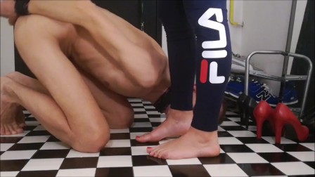 Surprise after training - submissive husband. Licking feet, sniffing sneakers, jerking off.