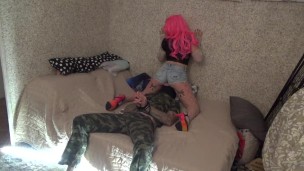 Pinkhair girl provokes a soldier, tied and fuck him