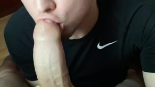 Sexy twink sucks his friend's dad's monster cock. Licked all the cum down to a drop