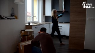 New neighbor foot worship (long toes, submissive feet, sexy feet and soles, wrinkly soles, blonde)
