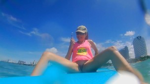 OPEN SEA Masturbation disturbed by Fishermen Boat # Pussy FUCK on SUP by Glass Dildo toy