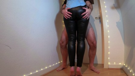 hot slutty wife gives thighjob in her tight leather pants and gets cum on her big leather ass