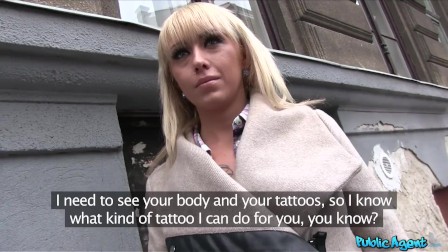 Public Agent Tattooed Wonder Babe gets Paid to Fuck and Suck a Big Cock