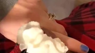Wife surprised me suddenly in the kitchen & put whip cream on the head of my cock and sucked it off 